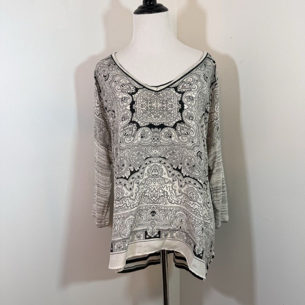 CAbi Sz M Black White Paisley Silk Blend Tunic Scarf Top Y2K Dolman Sleeve Boho